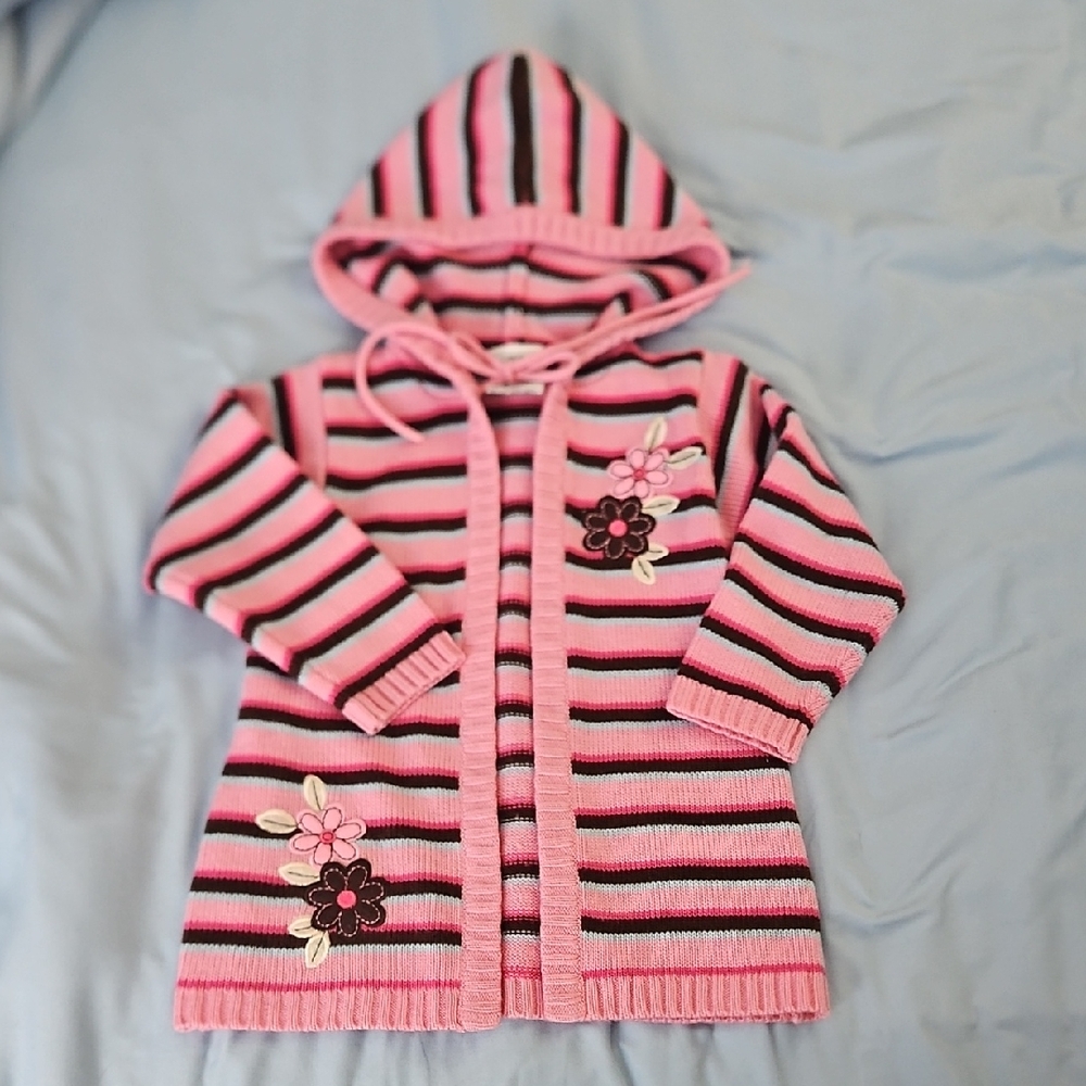 Pink Striped Kids Hooded Sweater with Floral Design
